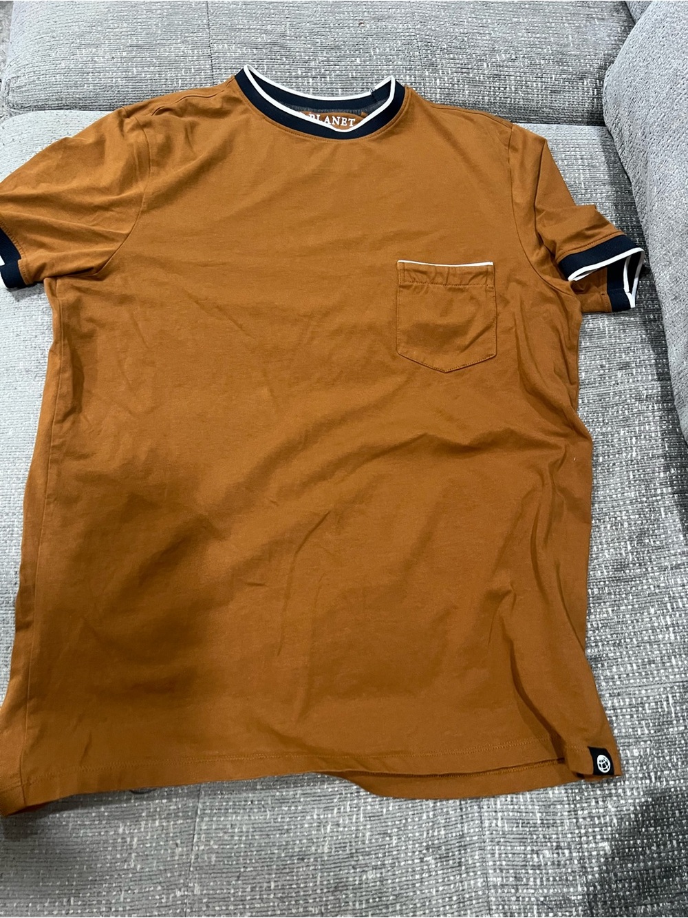 Free Planet Men's Rust Brown Pocket Tee with Navy Contrast Trim